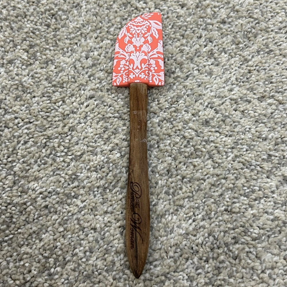 The Pioneer Woman Mini Spatula 8in Coral Floral Silicone Wood Handle Baking Tool
